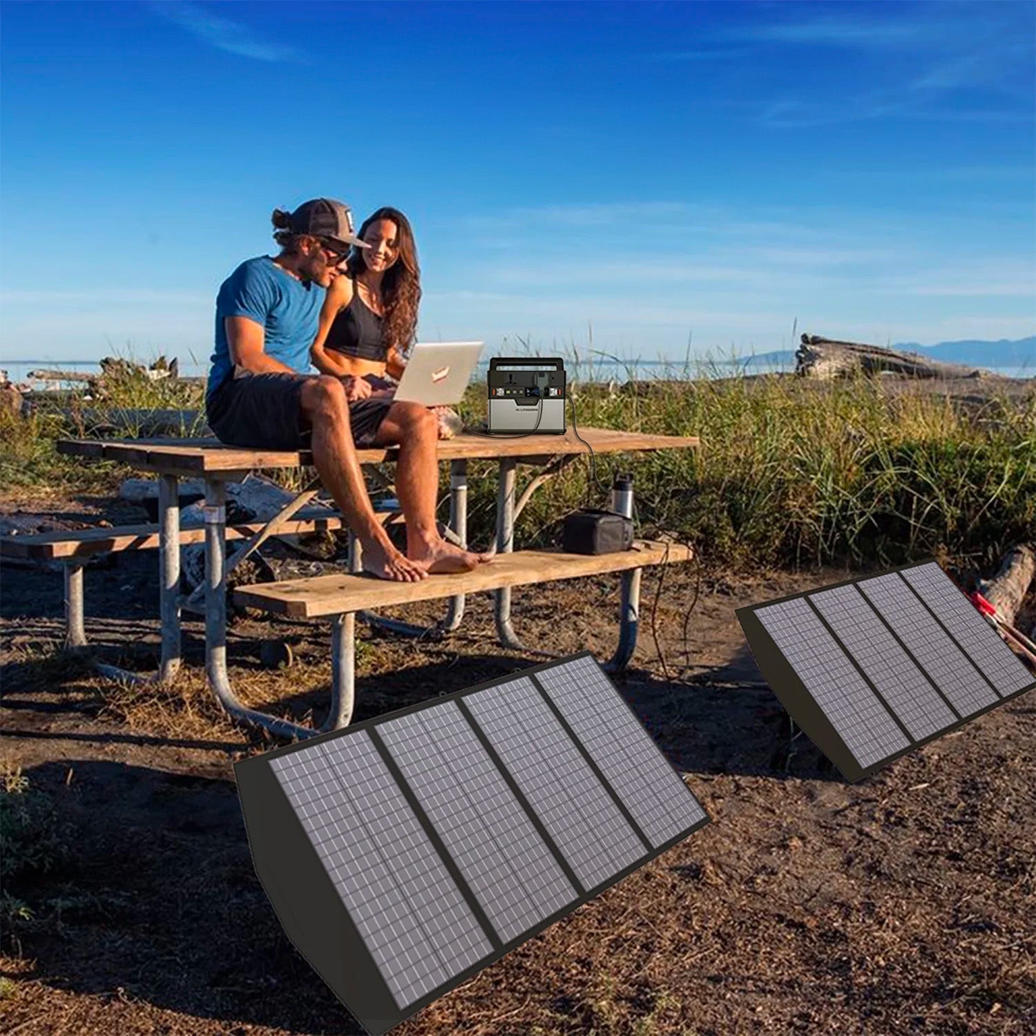 Portable solar panels at use for camping